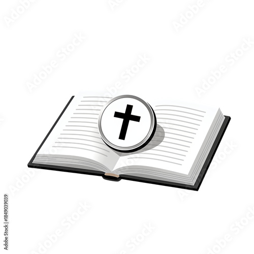 Open book with cross symbol magnified