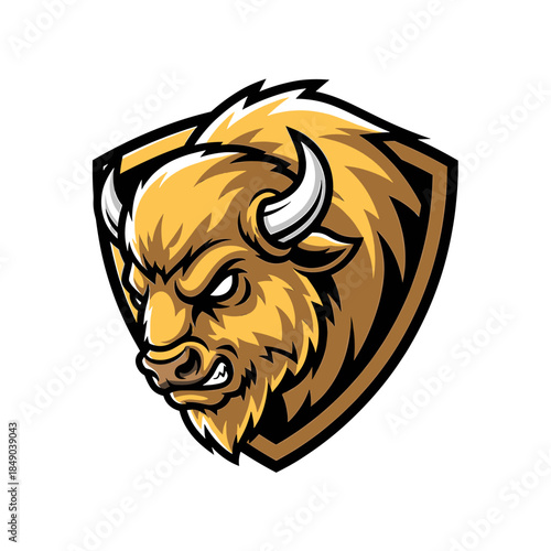 Illustration of a bison's head with horns and fur, set within a shield on a white background, with a bold and fierce expression.