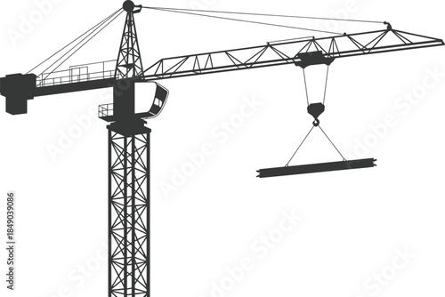 Silhouette of a construction tower crane lifting a steel beam on a white background architecture building