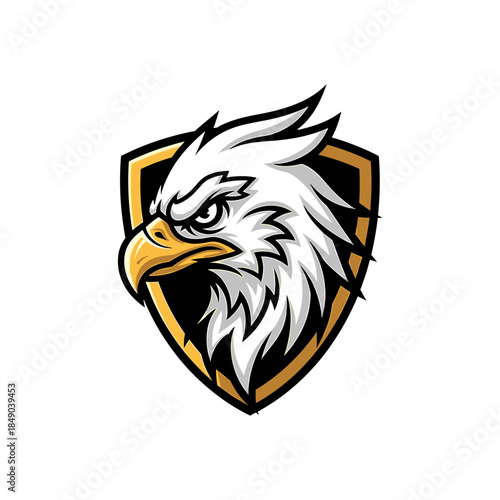 Illustration of a white eagle head in profile, set within an orange and black shield on a white background.