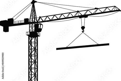 Silhouette of a tower crane lifting a steel beam on white background construction crane