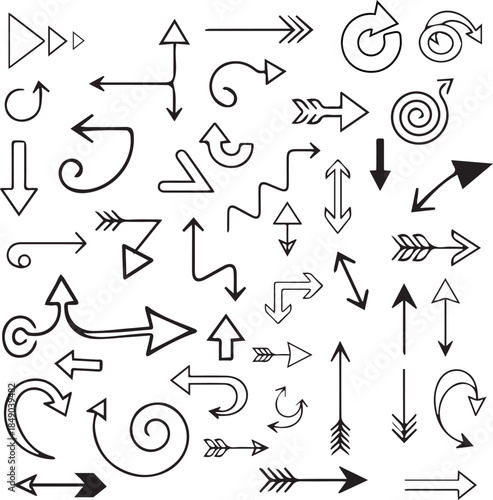 Sketch style doodle arrow set with hand drawn line arrows, scribble strokes, and marker brush directions. Perfect for infographics, social media design, presentations, UI elements, educational content