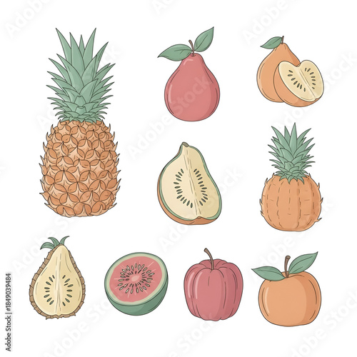 A vibrant collection of fresh and ripe fruits, including a pineapple, pears, apples, and other tropical and common varieties, depicted in a charming illustration style