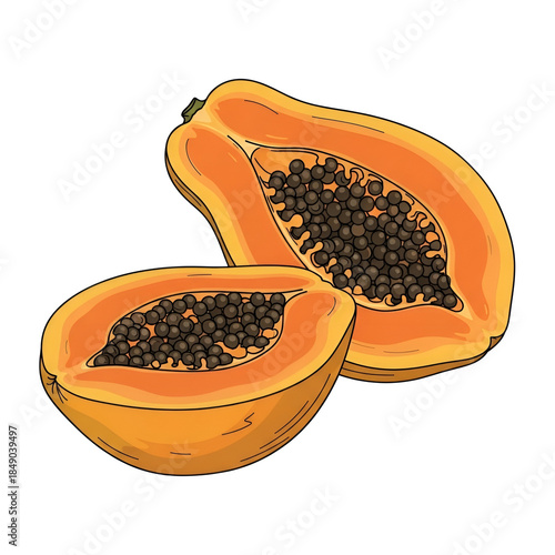 A vibrant illustration of a ripe papaya cut in half, revealing its sweet flesh and numerous black seeds, perfect for healthy eating and tropical themes