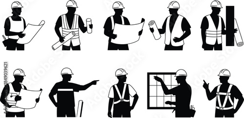 Silhouettes of construction workers in hard hats and safety vests holding blueprints and tools builder