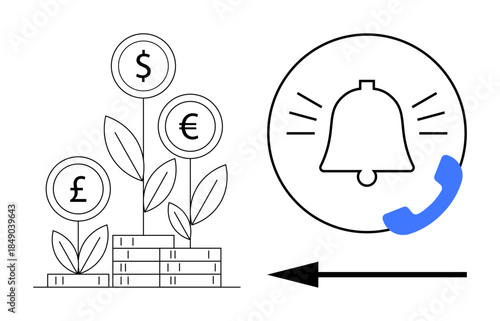 Currency growth concept. Currency signs investment with financial alert symbol for timely actions. Currency enhances growth and decision-making. For finance, banking, commerce, apps, alerts