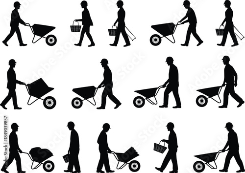 Silhouettes of construction workers with wheelbarrows and baskets on white background male person