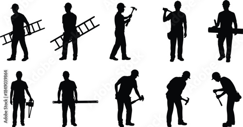 Silhouettes of construction workers with tools and materials on white background male person