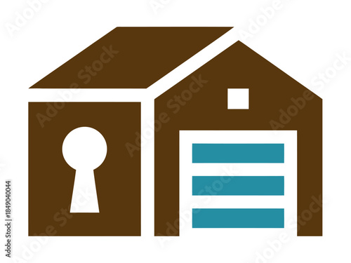 Brown house with keyhole and garage icon, secure home concept