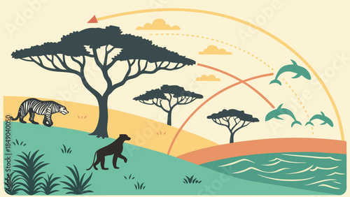 Vector illustration of a summer sunset over a tropical island landscape featuring palm tree silhouettes and wild animals like deer and camels in a stylized nature forest