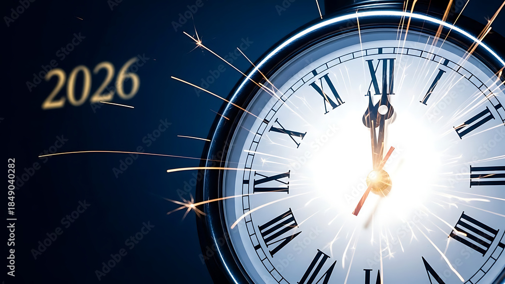 Obraz premium New Year 2026 Clock Fireworks