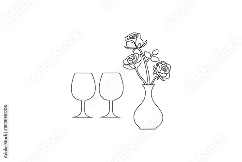 Rose flowers in vase with wine glasses design one line art
