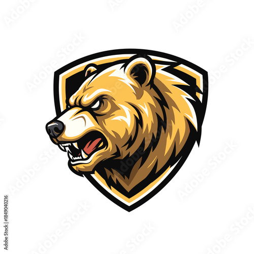 A graphic illustration of a growling bear's head in a shield emblem with a bold, cartoon style and warm golden tones against a clean white background.