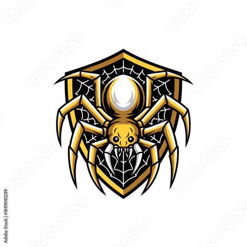 Illustration of a menacing yellow spider with sharp claws and a distinctive white abdomen, set against a black and yellow shield with a spiderweb design on a white background.
