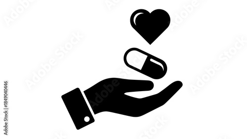 Caring hand holding heart and pills, symbolizing health, wellness, and medical treatment on an isolated white background.