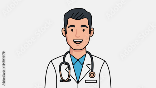 Friendly smiling male doctor wearing stethoscope in bright studio background, cartoon vector illustration