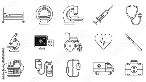 Set of medical and healthcare equipment icons in outline style on isolated white background