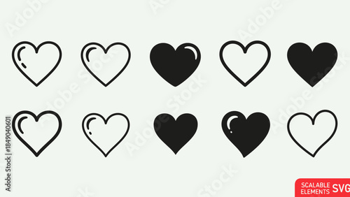 Collection of Black Heart Icons in Outline and Solid Styles in bright studio