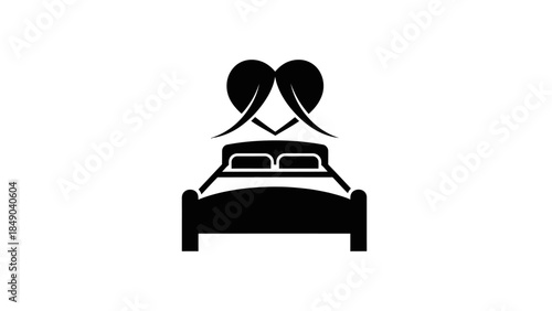 Bed with Two Hearts Above Icon Representing Love and Relationship on isolated white background