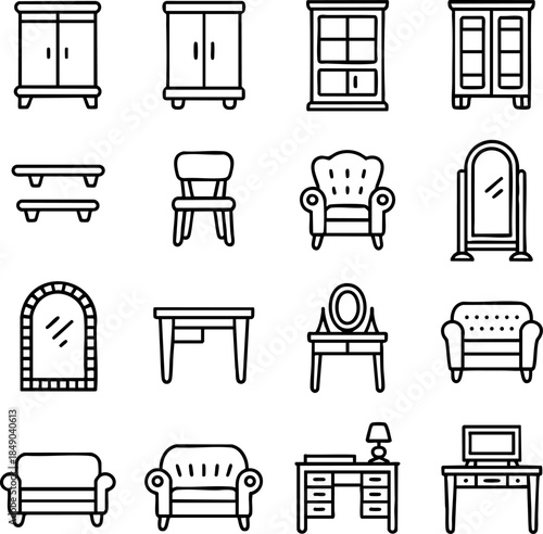 Furniture & Home Decor Icons Collection – Cabinets, Sofas, Chairs, Tables, Mirrors, Interior Design