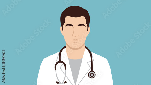 Male doctor portrait with stethoscope, healthcare professional in medical field, light blue background.
