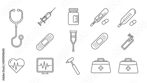 Comprehensive collection of medical tools and supplies outline icons, healthcare instruments and necessities, isolated white background.