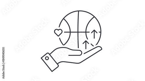 Outlined hand holding a basketball with heart and upward arrows, concept of sports passion, health improvement, or progress, isolated white background.