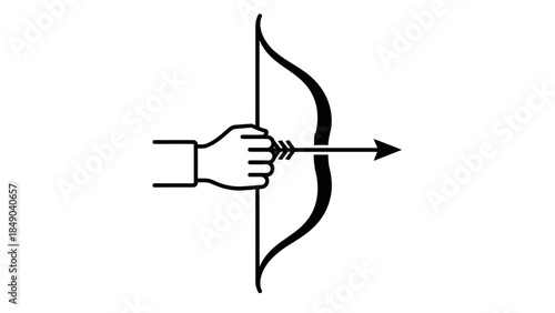 Outlined hand holding a bow with an arrow ready to shoot, archery sport or hunting concept, isolated white background.