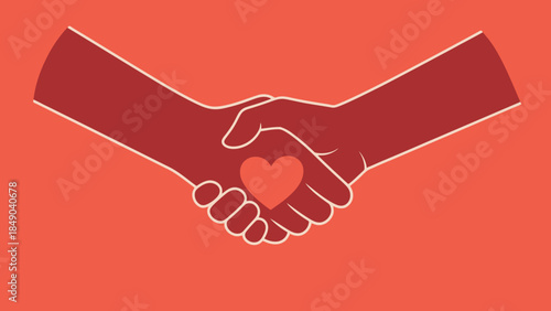 Two hands shaking and forming heart shape, concept of friendship, love, support, or partnership, solid red background.