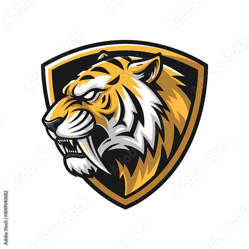 Illustration of a tiger's head in a shield with orange, white, and black colors on a clean white background.