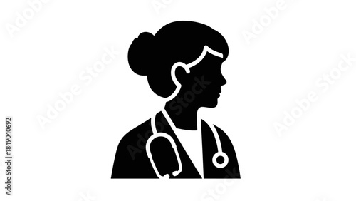 Female doctor profile silhouette with stethoscope, healthcare professional in medical field, isolated white background.
