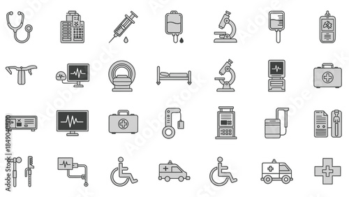 Comprehensive Set of 20 Outline Medical Hospital Healthcare Icons in Bright Studio.
