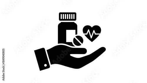 Hand Holding Medication Pills Bottle with Heart and Heartbeat Symbol, Isolated White Background.
