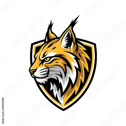A stylized illustration of a bobcat's head in profile, set within a shield emblem with bold black, white, and orange colors on a plain white background.