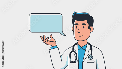 Friendly Male Doctor Explaining and Gesturing with Speech Bubble in Bright Studio.
