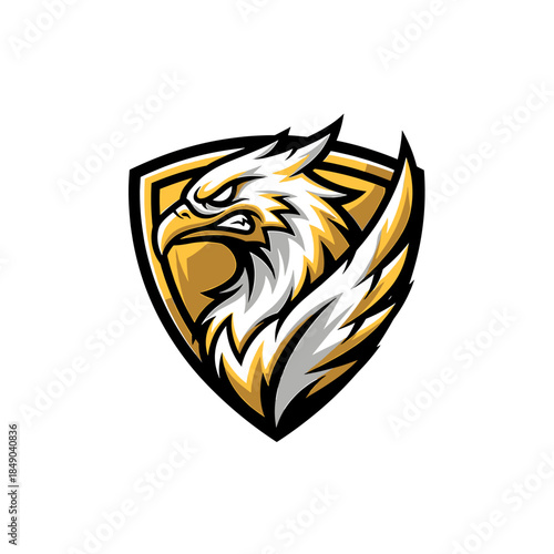 Illustration of a white and gold eagle head in a shield shape with black outline on a white background.