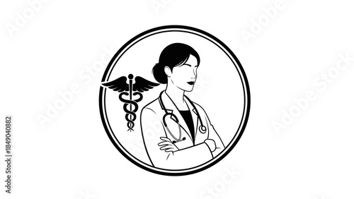 Professional Female Doctor with Stethoscope and Caduceus Symbol in Circle Frame Isolated White Background