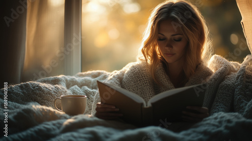 a woman reading a book under a blanket with a cup of tea beside her, soft sunlight through the window, peaceful cozy mood