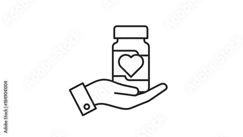 Hand Holding Medicine Bottle with Heart Icon, Healthcare and Heart Health Medication Concept on Isolated White Background.