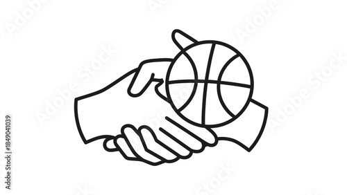 Two Hands Shaking and Holding a Basketball, Sports Teamwork and Partnership Concept on Isolated White Background.