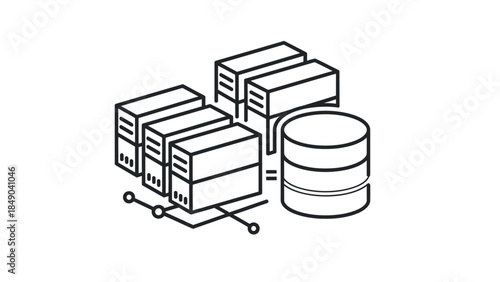 Data Server Racks and Database Storage System Icon, Cloud Computing and Big Data Concept on Isolated White Background.