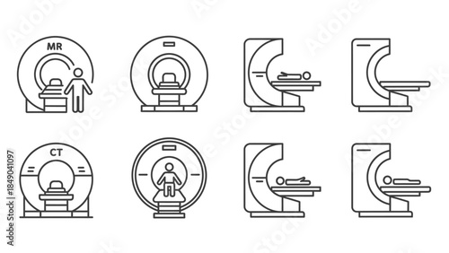 Set of linear medical imaging icons including MRI, CT, and X-ray machines, for diagnostic purposes on an isolated white background.
