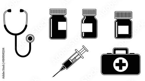 Set of Black Medical Equipment Icons, Including Stethoscope, Medicine Bottles, Syringe, and First Aid Kit, Isolated White Background