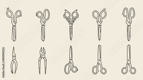 Set of Outline Scissors and Pliers Icons for Crafting, Hairdressing, and Medical Use, on Light Beige Background