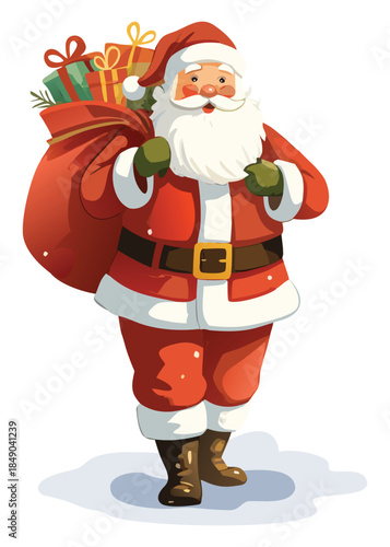 Santa Claus carrying gift sack and present, Christmas cartoon.