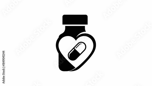 Medicine Bottle with Heart and Pill Inside Icon, Symbolizing Health and Wellness, Isolated White Background