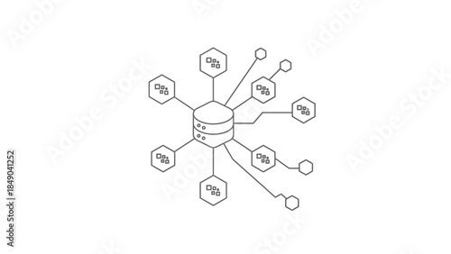 Centralized Network Illustration: A sophisticated illustration showcasing a central hub interconnected with multiple nodes, symbolizing digital connections and data flow. 
