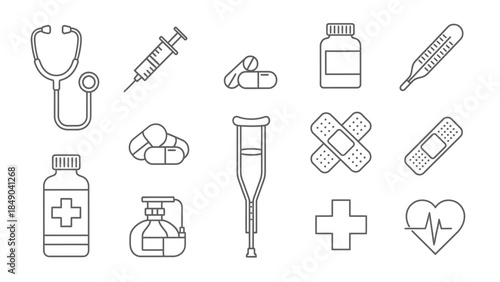 Medical Icon Collection: An array of essential medical tools and symbols, neatly arranged to symbolize health, care, and well-being. Capturing the essence of healing and medicine.