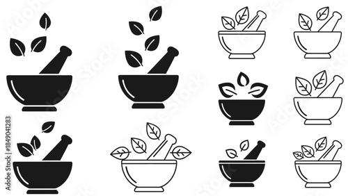 Herbal Essence Icons: A collection of meticulously crafted icons portraying mortar and pestle with the essence of fresh herbal leaves, symbolizing natural remedies and holistic wellness.