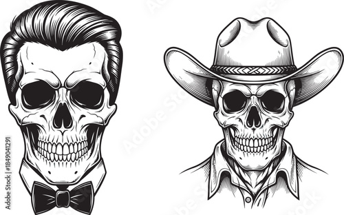 Skull with Cowboy Hat and collared shirt icon silhouette isolate vector art  2